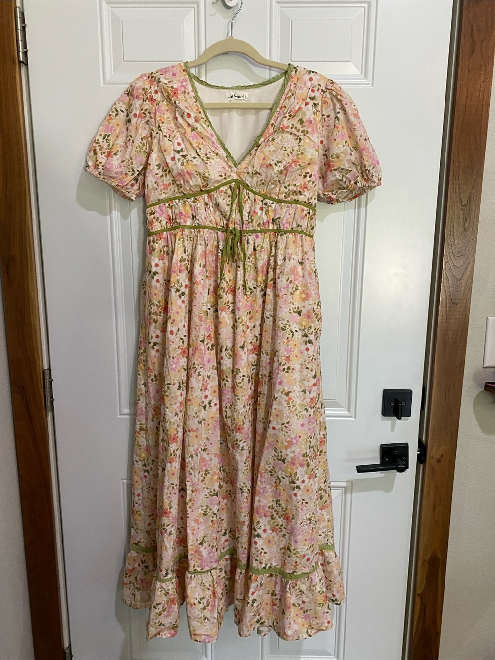 Pink Floral Maxi Dress with Olive Trim and Empire Tie
